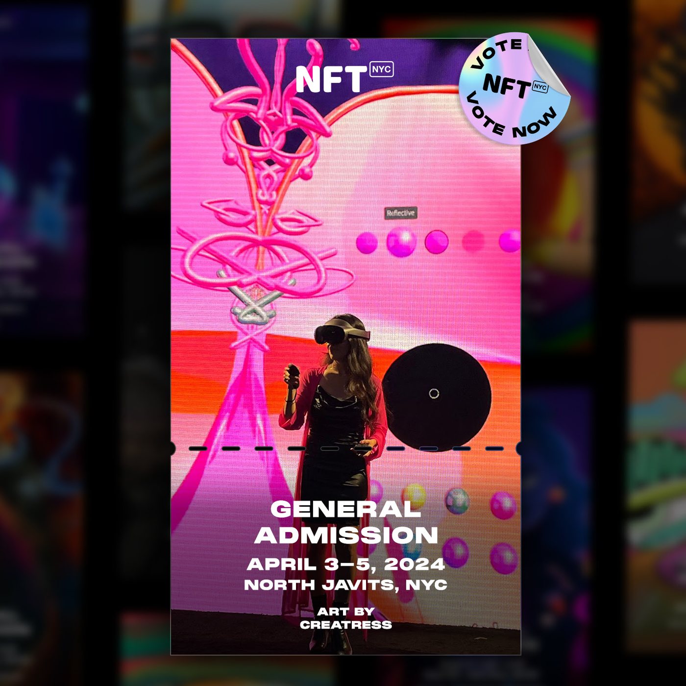 Artwork by Creatress printed on the NFT.NYC 2024 admission ticket