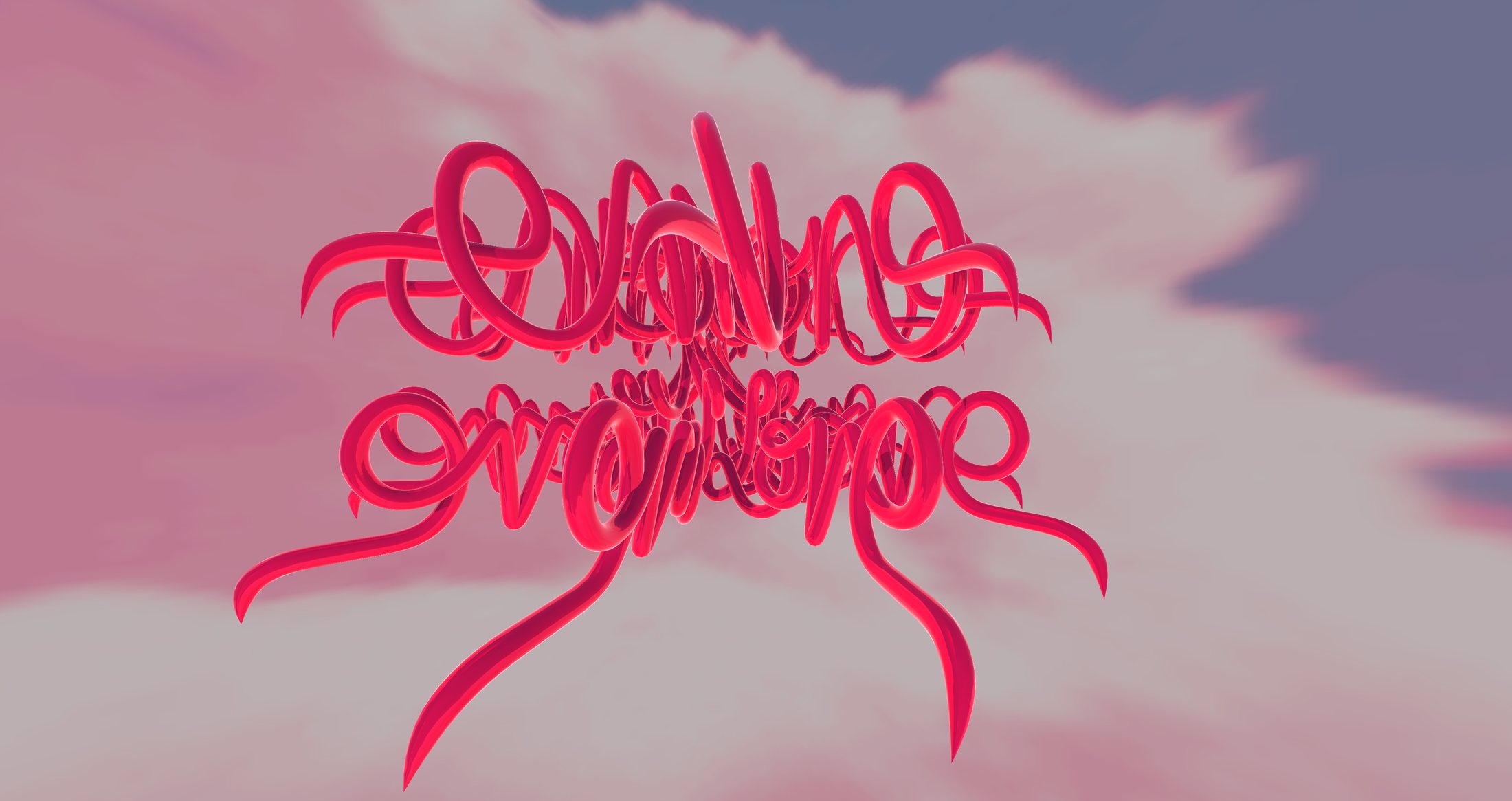 A red ribbon sculpture floating in a pink sky