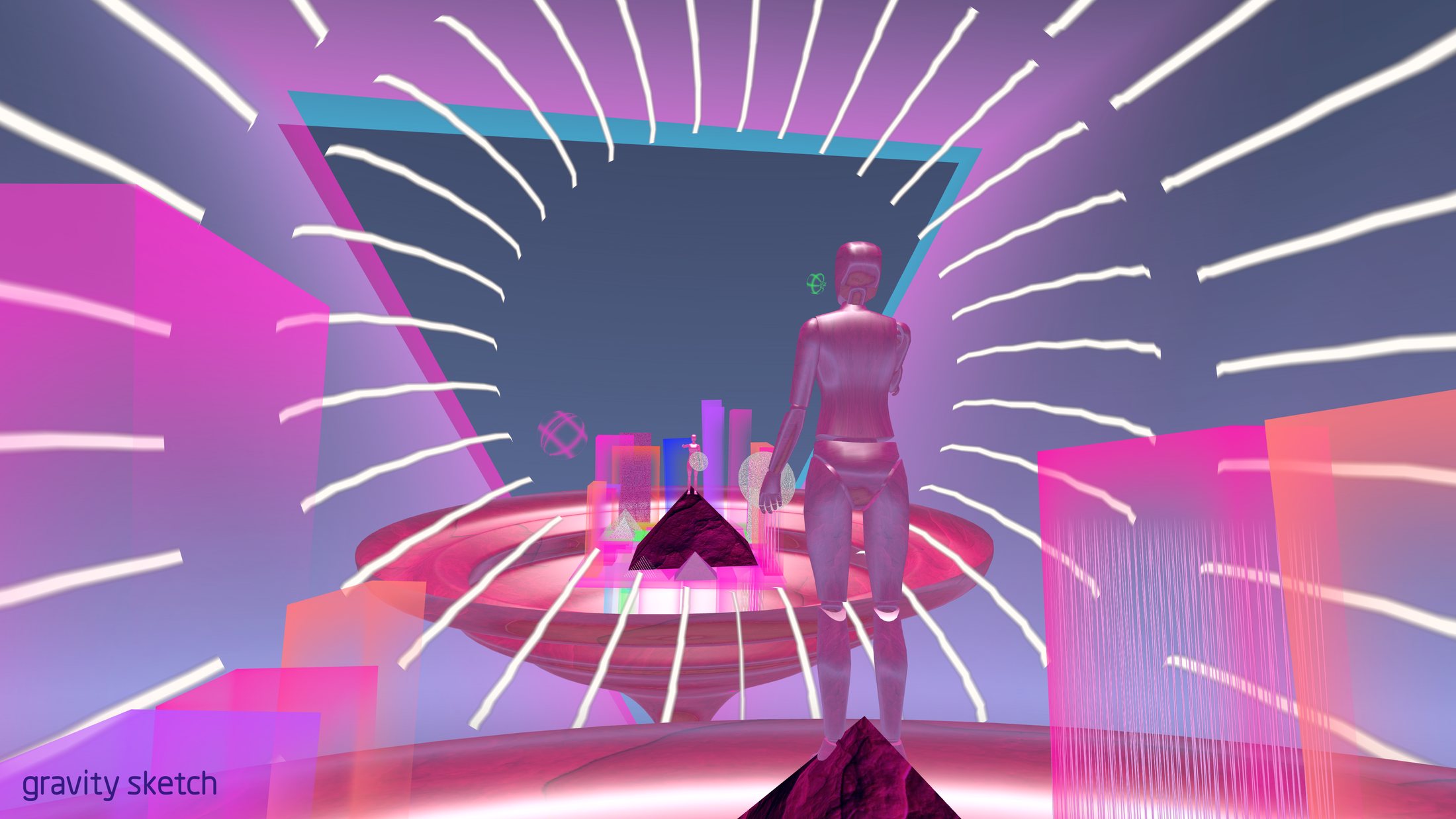 A figure standing in a tunnel of white light strokes